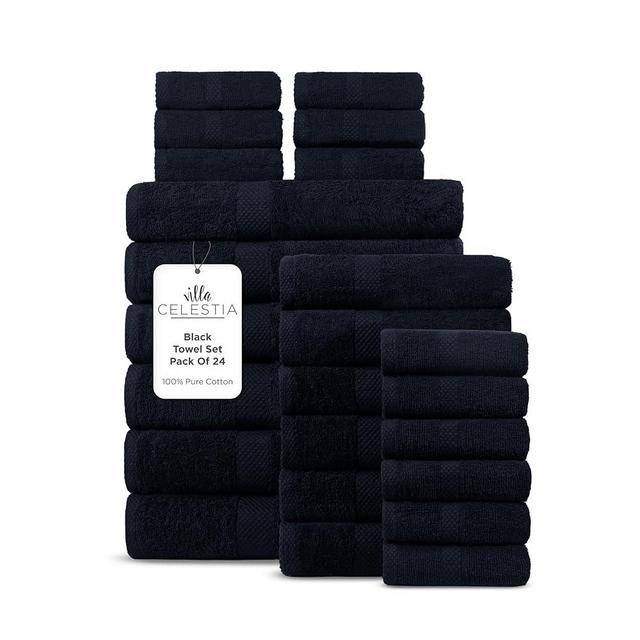 Villa Celestia 100% Cotton Bath Towel Set of 24-6 Bath Towels, 6 Hand Towels, 12 Wash Cloths, Sustainable, Soft, Highly Absorbent, Combed Cotton 24 Piece Set for Hotels, Spa, Bathroom, Dorm, Black