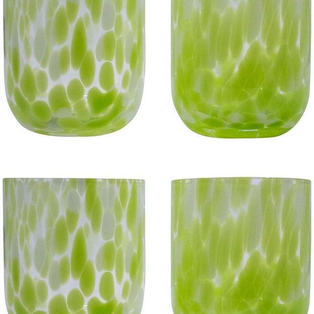 Stephanie Imports Set of 4 Handcrafted Double Old-Fashioned Confetti Drinking Glasses, 12 oz (Pear Green & White)
