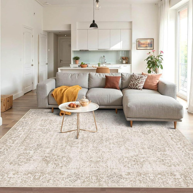 Rugxara Washable Area Rug for Living Room, Vintage Neutral Boho Rugs for Office, Dining Room, Kids Room, Farmhouse, Durable Low Pile Non Slip Carpet for High Traffic Areas, Light Bown(4x6ft)