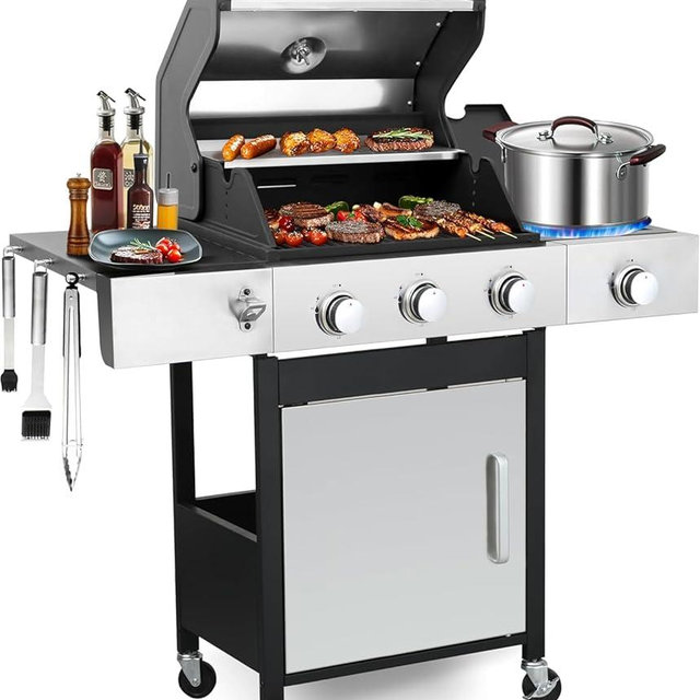 GRILL DEPOTS 3 Burner Propane Gas Grill, Outdoor BBQ Grill with Side Burner, Barbecue Grill with Cast Iron Grate, Outdoor Gas Grill Cabinet Style Storage, 39000 BTU