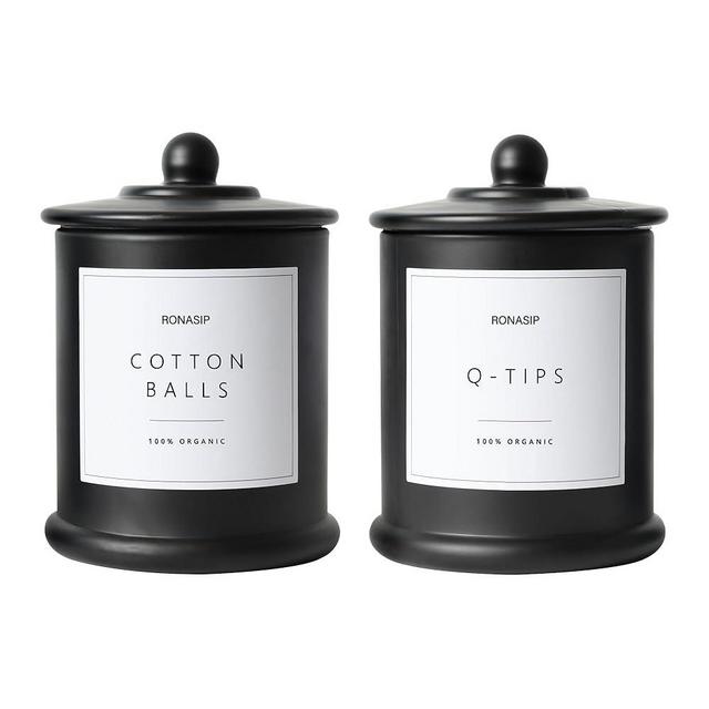 Ronasip 2 pack Cotton Buds Holder, Cotton Wool Pads Jar, 16 Oz Glass Qtip Dispenser Holder for Qtips, Swabs,Makeup Sponges (Black)