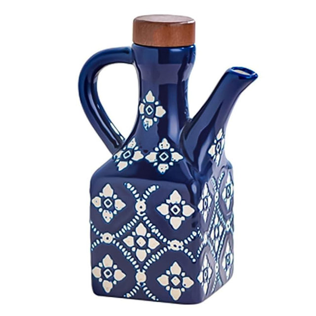 Ceramic Olive Oil Dispenser Bottle 8.5 oz – Decanter for Kitchen with Handle & Wooden Stopper, Decorative Oil and Vinegar Dispenser Set, Cooking Oil Container Cruet for Olive, Avocado, Vinegar, Jar