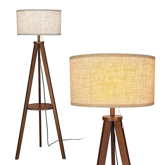 ELYONA Tripod Floor Lamp with Table, Mid Century Modern Tall Standing Light with Beige Drum Shade, Solid Wood Corner Reading Floor Lamp for Living Room, Study,Bedroom, Office, LED Bulb Included, Brown