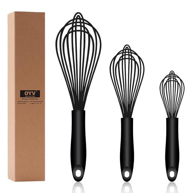 OYV Dishwasher Safe Silicone Whisk, Sealed Waterproof Design Set of 3, Professional Kitchen Whisks for Cooking Non-Scratch, Silicone & Stainless Steel Whisk, Heat Resistant Balloon Egg Beater, Black