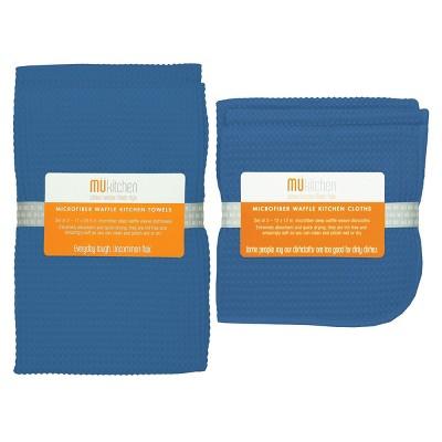 Set of 5 Ultra Absorbent Microfiber Waffle Kitchen Towel And Dish Cloth Set Blue - Mu Kitchen