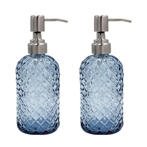 16 Oz Soap Dispenser with 304 Rustproof Stainless Steel Pump, Kitchen, Bathroom Soap Dispenser， Refillable Liquid Glass Soap Dispenser for Hand Soap, Soap, Lotion. (Blue-2pack)