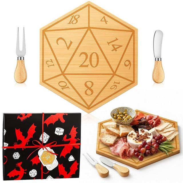 Ziliny D20 Shaped Charcuterie Board Set Cutting and Cheese Board Wooden Platter with Knives and Forks Serving Trays Gift for Christmas Kitchen Food Fruit(Bamboo)