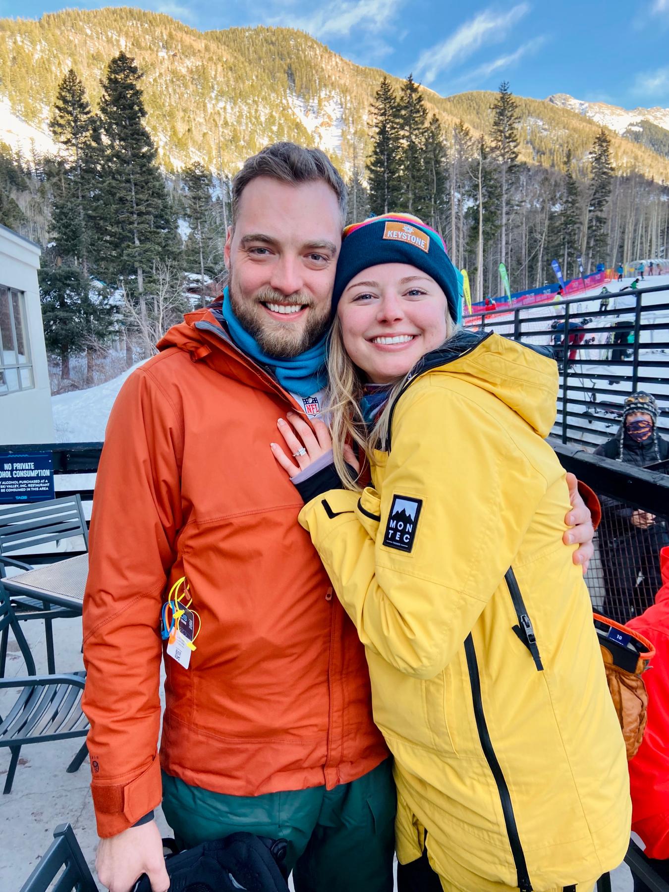 Engaged at the top of the Porcupine run at Taos Ski Valley, NM.