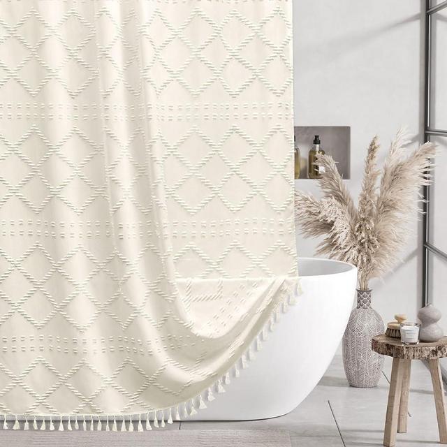 Siiluminisoy Cream Boho Shower Curtain Woven Fabric Cute Shower Curtain, 72 x 72 Tufted Chevron Textured Striped Modern Farmhouse Minimalist Cloth Shower Curtain for Bathroom
