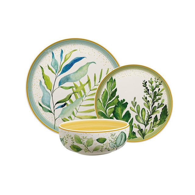 Corona 12– piece Nature Botanic Forest Inspired Ceramic Dinnerware Set | Plates and Bowls | Service for 4 | Siena