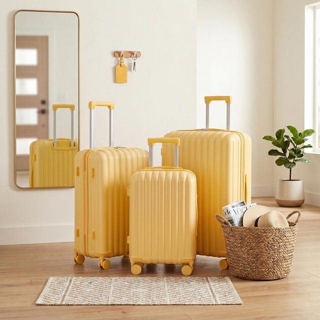 3-Piece ABS Spinner Luggage Set– Lightweight Carry-On with Cup&Phone Holder, USB Port, Yellow – Perfect for Decoration & Family Travel, Kid's Suitcase