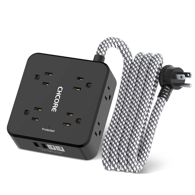 Surge Protector Power Strip - CHCORE 6Ft Braided Extension Cord with 8 Outlets with 4 USB (2 USB C) Charging Ports, Flat Plug Multi Plug Outlet Extender Charging Station for Home Office, ETL, Black