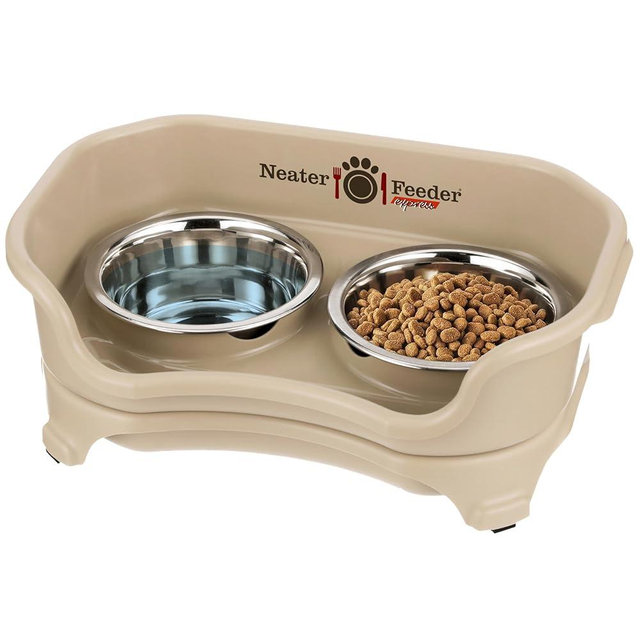 Neater Feeder Express Mess Proof Cat Bowls Elevated, No Spill Feeding Station, Stainless Steel Dishes for Food and Water, Raised Bowls for Indoor Cats, No Fatigue Whisker Friendly Dish, Almond