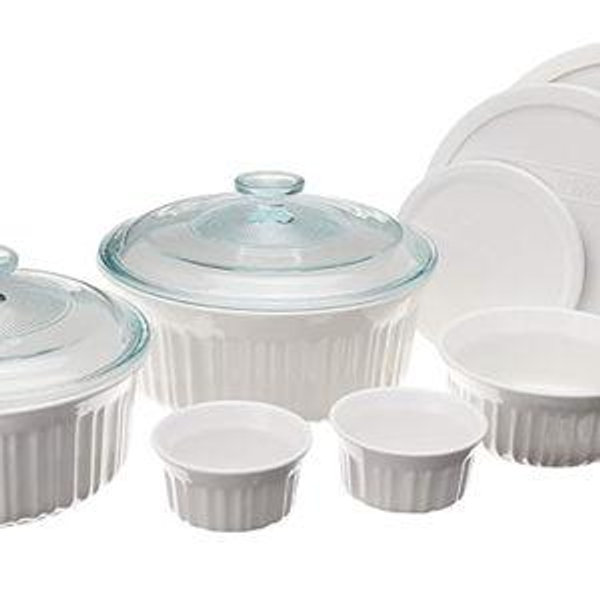 CorningWare French White 10-Pc Ceramic Bakeware Set with Lids Chip and Crack Resistant Stoneware Baking Dish, Microwave, Dishwasher, Oven, Freezer and Fridge Safe