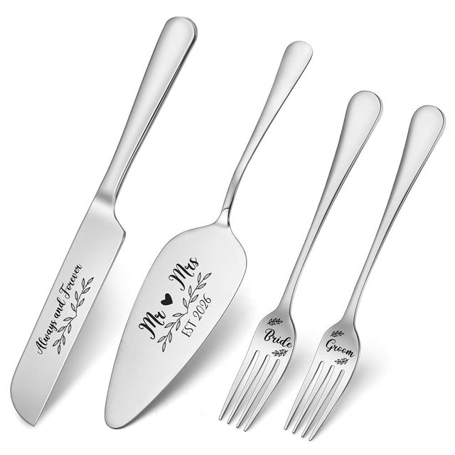 Ovveroche Wedding Cake Knife and Server Set, 4 Pack Stainless Steel Cake Cutting Knife, Slicer and Forks Server for Wedding, Anniversary, Birthday(Silvery)