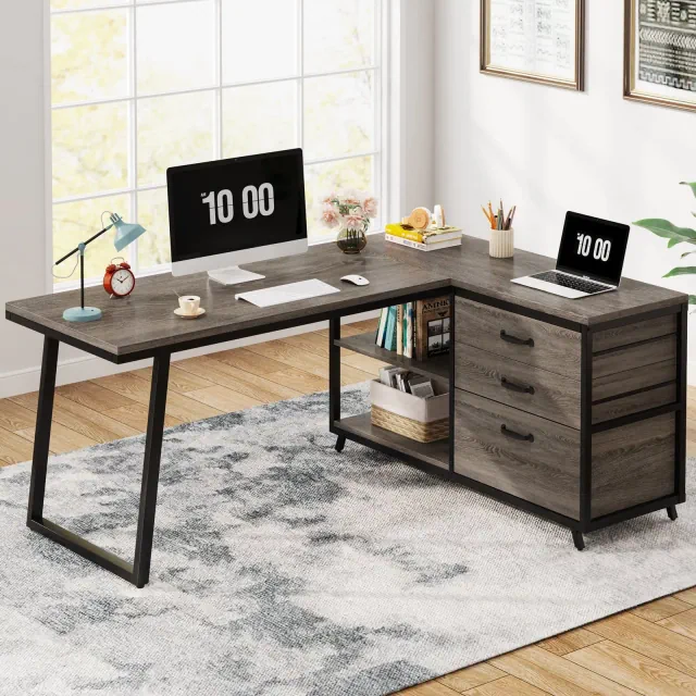 Tribesigns L-Shaped Desk with 3 Drawers, Reversible Corner Home Office Computer Desk with Shelves, 53.15-InchStudy Writing Table, Grey