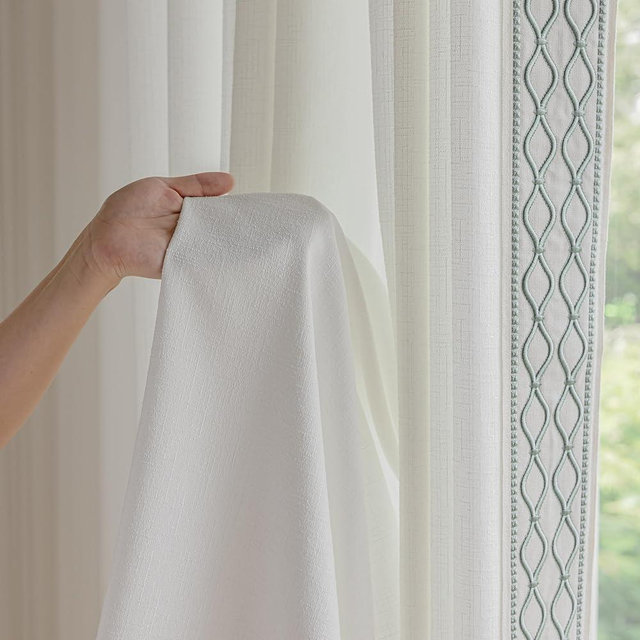 VisionaryHomeDesign White Colour Linen Curtain Panels with Embroidered Trim Design, Pinch Pleat Curtains, Semi-Sheer Curtains for Sliding Patio Doors Bedroom (2 Panels) (50W x 96L)