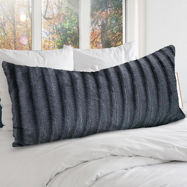 Cheer Collection Faux Fur Long Body Pillow - Accent Throw Pillow for Bed and Couch - Decorative Lumbar Pillow with Insert, Gray (18" x 40")