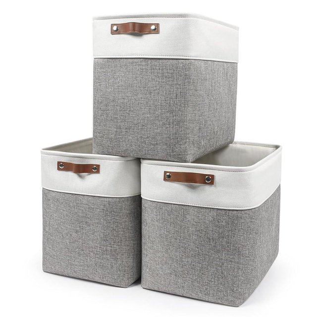 Bagnizer Large Fabric Storage Baskets | 50L Storage Bins, Decorative Linen Closet Baskets with Handles for Organizing, Shelf, Toys, Clothes, Home, Office, Nursery, 17x12x15Inches (Grey&White)