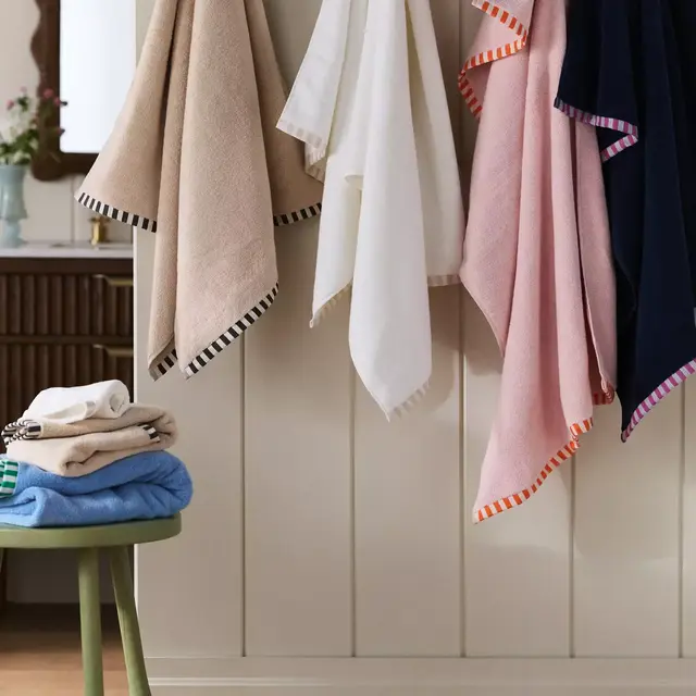 The Sloane Stripe Trim Soft Cotton Bath Towel in Navy