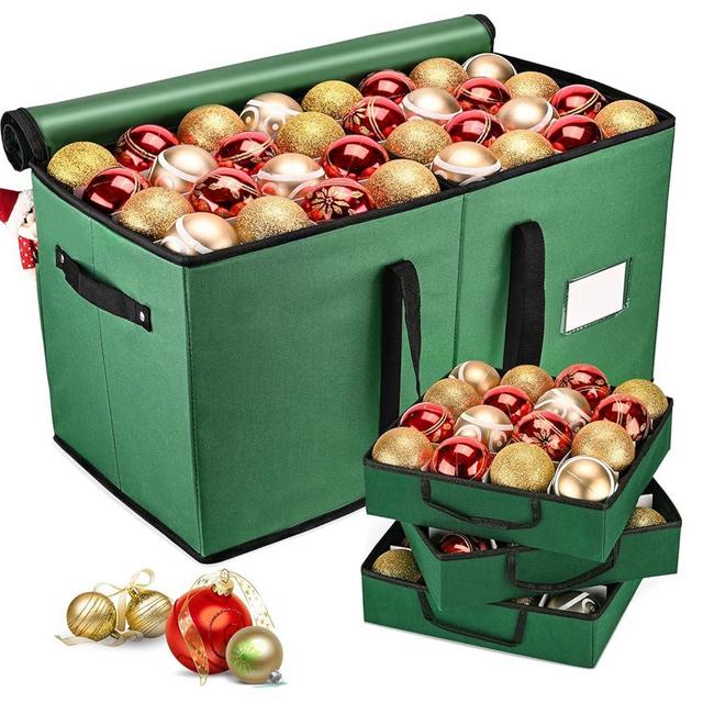 Mrrihand Christmas Ornament Storage Box, Ornament Storage Container with 8 Trays-Xmas Decoration Organizer Keeps 128 Holiday Ornaments 3-Inch, Dual Zipper Closure, 600D Tear-Proof（Green）