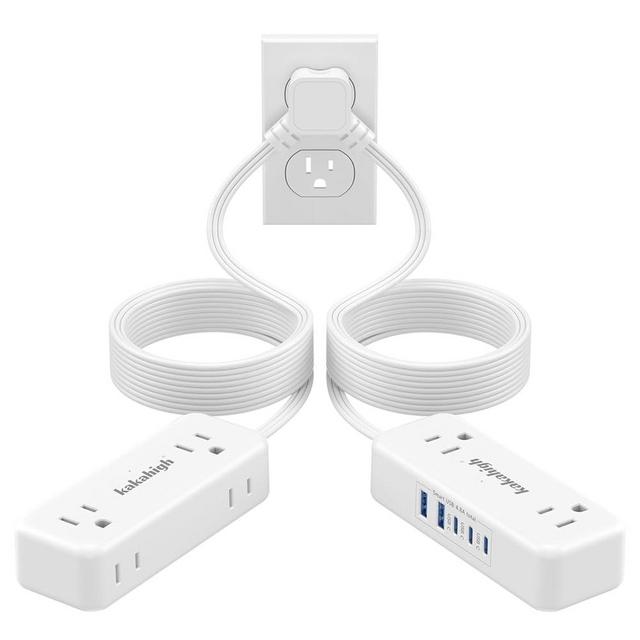 Split Extension Cord 20FT (10FT on Each Side), Single Flat Plug Twin Extension Cord with 4 AC Outlets, 2 USB-A & 3 USB-C(24W/4.8A), Nightstand Charging Station for Bedroom Dorm Room Home, His and Hers