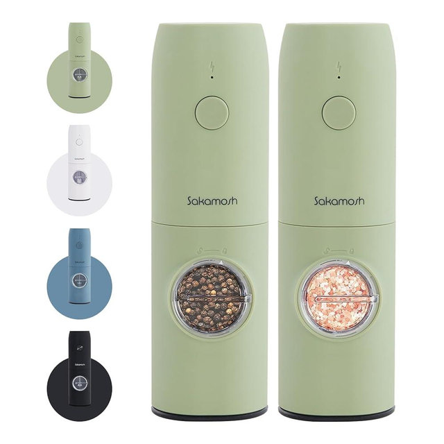 SAKAMOSH Electric Salt and Pepper Grinder Set, Rechargeable,Adjustable Coarseness with LED Light, Electric Salt Shakers Refillable, Christmas Gift(2 Packs, Sage Green)