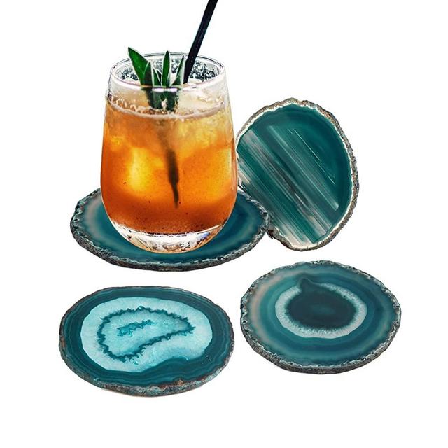 AMOYSTONE Teal Agate Coaster 3.5-4" Dyed Sliced Genuine Brazilian Aqua Agate Drink Coasters with Rubber Bumper Set of 4