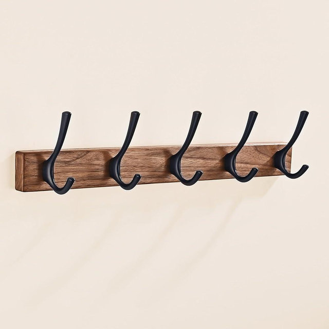 LECHYN 17.3" Small Walnut Wood Coat Rack Wall Mount with 5 Hooks, Heavy Duty Wooden Jacket Hanger Door Mounted for Decorative Entryway and Bathroom Hanging Towel Backpack Purse Clothes Hat Key