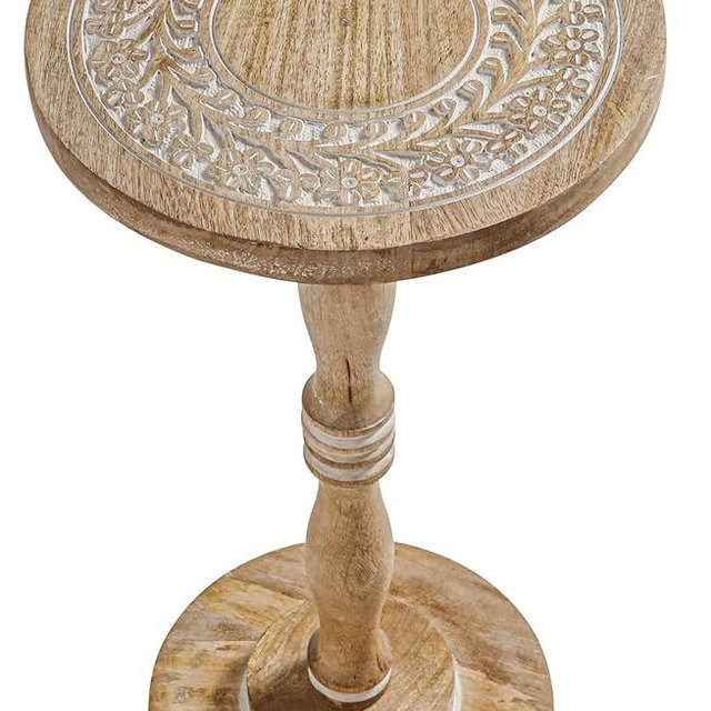 The Wooden Town Hand-Carved Solid Wood End Table - 12x22 White Wash Finish Accent Side Table for Living Room, Bedroom Nightstand, Small Pillar Table for Plants or Décor