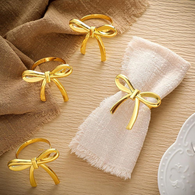 Gandeer 12 Pcs Gold Bow Napkin Rings, Metal Butterfly Napkin Holders for Dinner Parties Wedding Banquet Table Setting Family Gatherings Table Decoration