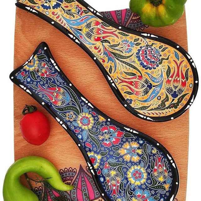 Ayennur Handcrafted Turkish Ceramic Spoon Rest Set of 2-9" Large Spoon Holder for Stove Top - 100% Lead-Free & Heat Resistant - Decorative Ottoman Tulip Patterned Utensil Rest - Dishwasher Safe