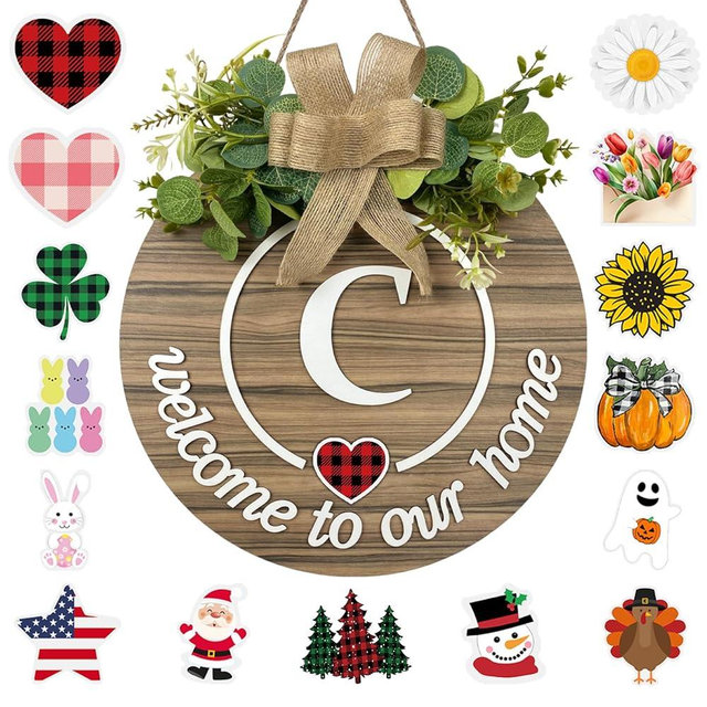 Interchangeable Seasonal Monogram Letter C Welcome Sign Front Door Decor Wooden Wreaths for Front Door Wreath Rustic Initial House Warming Porch Wall Home Decorations for All Seasons