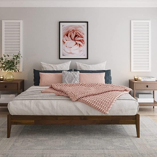 Bme Dinkee 15 Inch Signature Bed Frame Without Headboard/ Multiple Style Furniture with Acacia Wood/ 12 Strong Wood Slat Support / Easy Assembly/ No Box Spring Needed/ Dark Chocolate, King