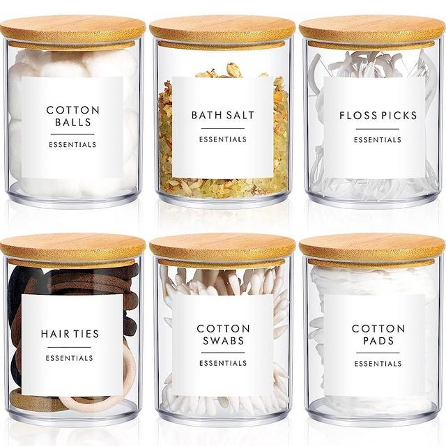 Yaomiao 6 Pcs Apothecary Jars with Lids 2.6 x 3.5 Inch Cotton Ball Holder Clear Bathroom Organizer Cotton Pad Dispenser with Bamboo Lids for Floss Pick Makeup Cotton Swabs Storage Container Decor