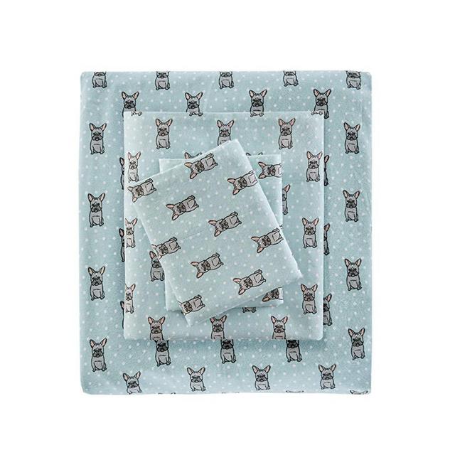 True North by Sleep Philosophy Cozy Flannel Warm 100% Cotton Sheet - Novelty Print Animals Stars Cute Ultra Soft Cold Weather Bedding Set, Queen, Aqua French Bulldog 4 Piece