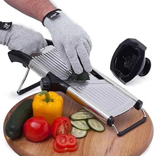 Mandoline Slicer with Cut-Resistant Gloves and Blade Guard – Adjustable Mandolin Vegetable Slicer and French Fry Cutter, Food Slicer, Vegetable Julienne – Thick Sharp Stainless Steel Blades