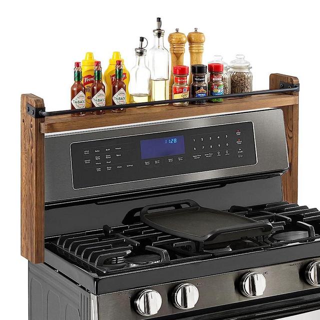 MyGift 33 Inch Stove Top Spice Rack - Deluxe Rustic Burnt Solid Wood and Industrial Black Metal Space Saving Over The Stovetop Range Storage Display Shelf
