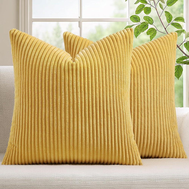 Mecatny Corduroy Summer Decorative Throw Pillow Covers 16x16 Set of 2 for Sofa Living Room, Soft Neutral Boho Couch Pillow Covers for Home Decor, Mustard Yellow