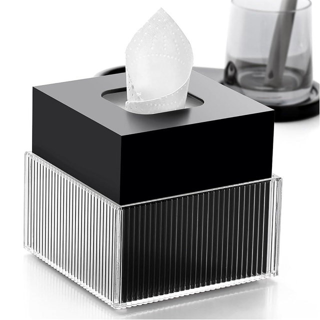 Acrylic Tissue Box Modern Square Tissue Box Cover with Two-Tier Design - Matte Black Acrylic & Non-Slip Base, 5.4"x5.4"x5.1"