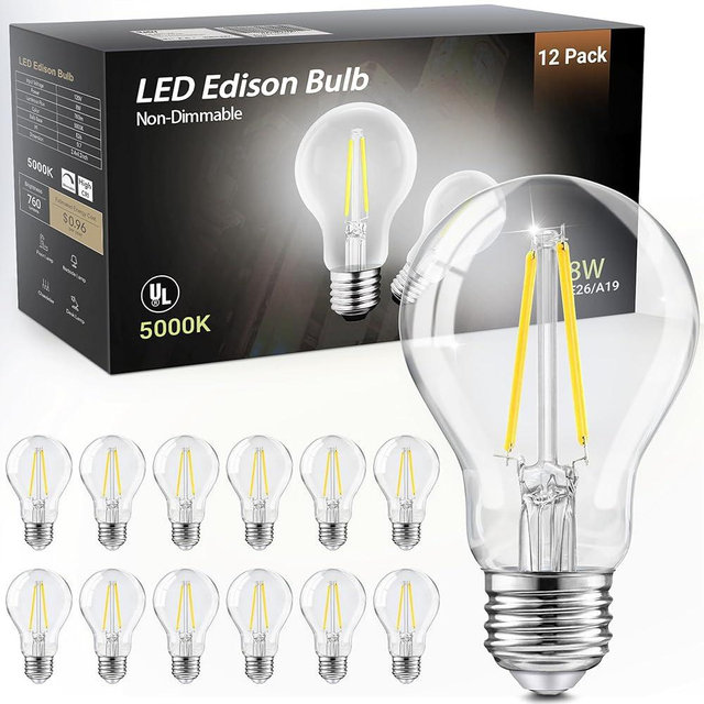 TJOY 12 Pack A19 Vintage LED Edison Bulbs, Non-Dimmable, 60W Equivalent, High Brightness 5000K Daylight White, 8W E26 Standard Base, 760 Lumens, CRI80+, Clear Glass Filament Bulb for Home, Farmhouse