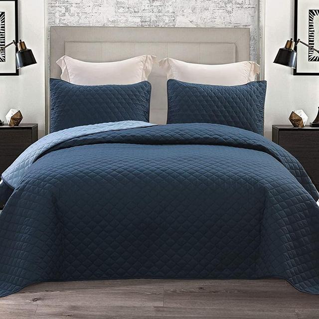 Exclusivo Mezcla Ultrasonic Reversible 3-Piece Full/ Queen Size Quilt Set with Pillow Shams, Lightweight Bedspread/Coverlet/Bed Cover - (Navy Blue, 92"x88")