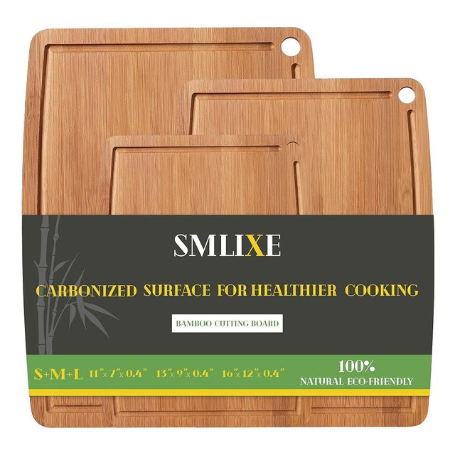 SMLIXE Bamboo Cutting Boards for Kitchen [Set of 3],Carbonized Wood Cutting Board Set with Deep Juice Groove for Chopping Meat, Vegetables, Fruits, Nuts,Lightweight & Durable,Ideal Kitchen Gift