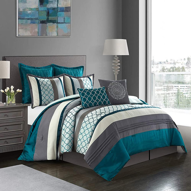 Stratford Park Bedding Striped Pintuck 8-Piece Comforter Set, Peacock/Grey, King (AVALON8-K-GRY-PU1)
