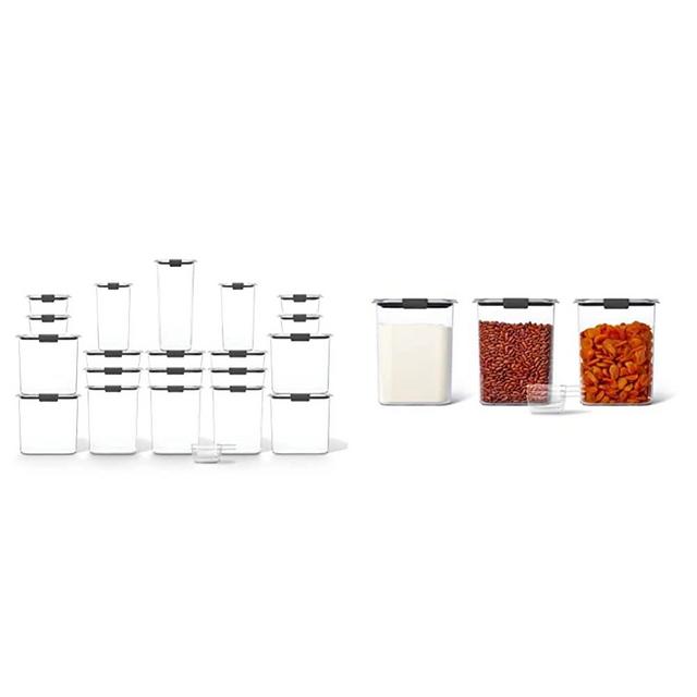 Rubbermaid Brilliance Pantry 20-Piece Set, 15 & 9-Piece Brilliance Food Storage Containers for Pantry with Lids and Scoops for Flour, Sugar, and Pasta, Dishwasher Safe, Clear/Grey