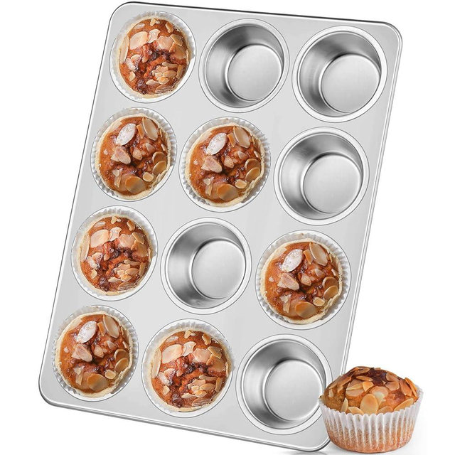 Leonyo 12-Cup Cupcake Pan, Stainless Steel Non-Toxic Muffin Pan Tray for Baking, Metal Regular Size Muffin Tin, Dishwasher Oven Safe