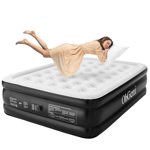 OhGeni Queen Air Mattress with Built-in Pump for Guest 18" Tall, Inflatable Blow Up Air Bed with Carrying Bag for Camping, Raised Elevated Double High Airbed, Foldable & Portable Air Mattresses