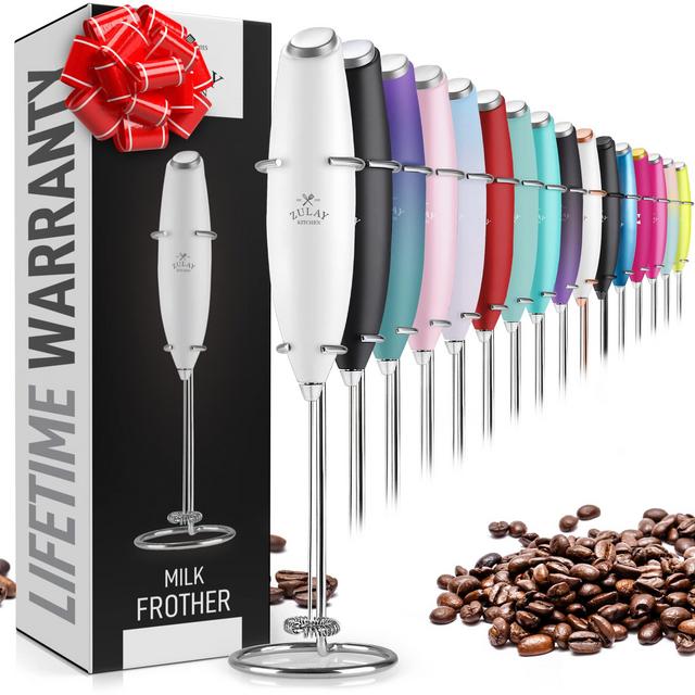 Zulay Original Milk Frother Handheld Foam Maker for Lattes - Whisk Drink Mixer for Coffee, Mini Foamer for Cappuccino, Frappe, Matcha, Hot Chocolate by Milk Boss (Silver)
