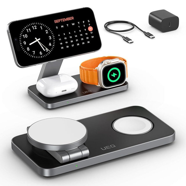 UEQ Foldable 3 in 1 Wireless Charging Station for Apple Compatible with Magsafe Charger Stand,Magnetic Wireless Charger Station for iPhone 16 15 14 13 12 Series,Airpods Pro,Apple Watch(Black)