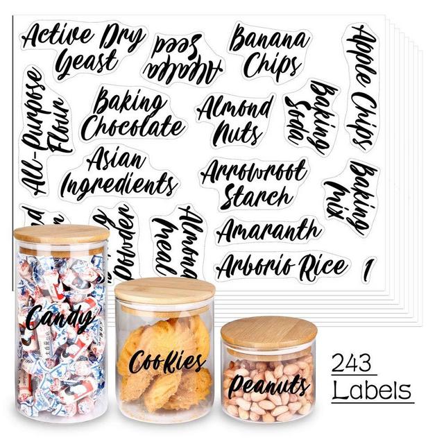SWOMMOLY 243 Cursive Pantry Labels Set. Water Resistant Food Pantry Label Sticker. Complete Jar Container Decals for Pantry Organization Storage